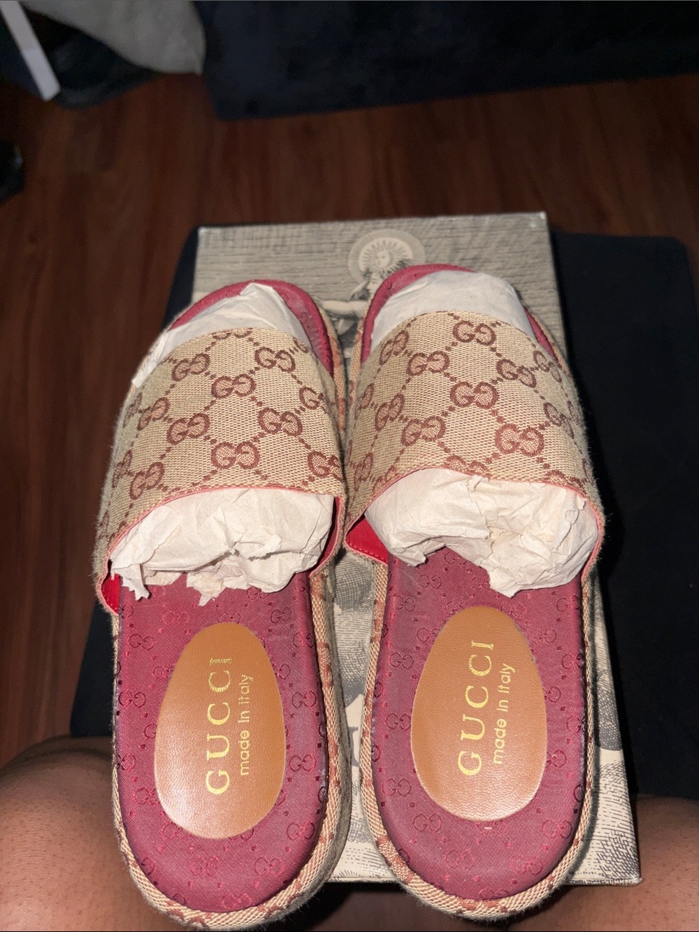 Gucci Beige Monogram Slides with Red Footbed